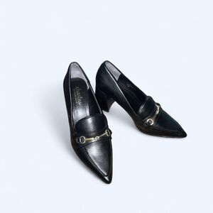 Charles David Black leather pointed toe heeled loafers W/ gold horsebit buckle